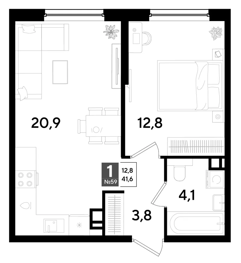1-комн. 41.6 м²
