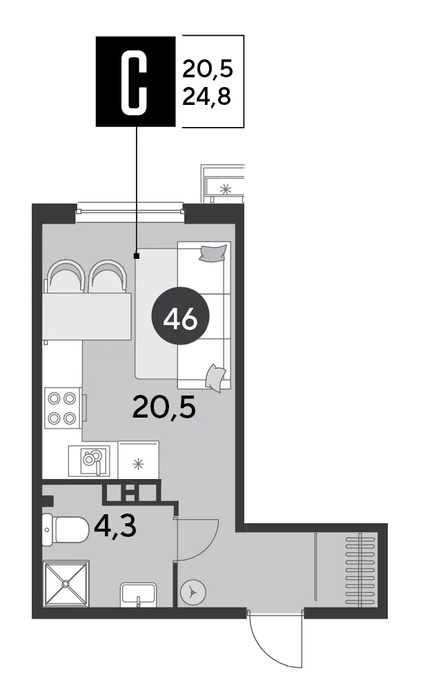 Студия 24.8 м²