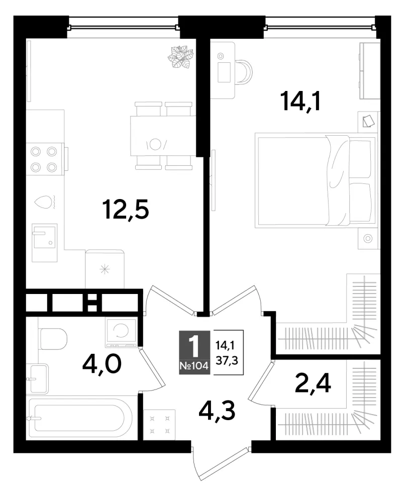 1-комн. 37.3 м²