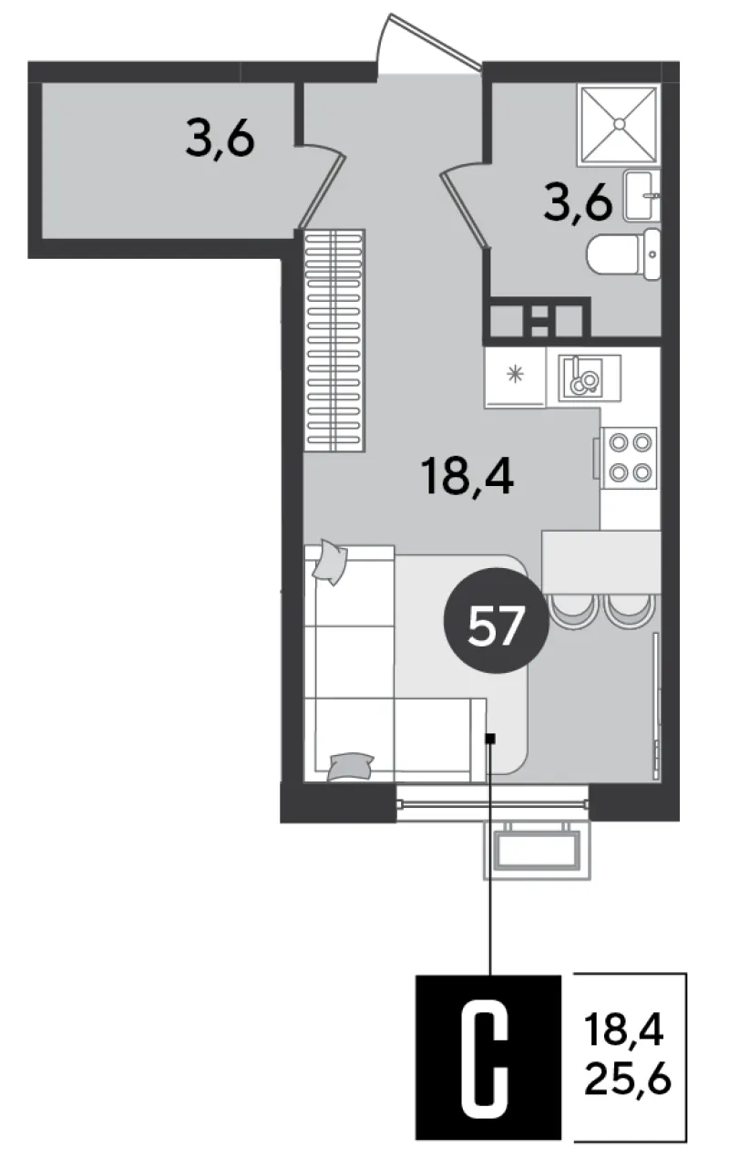 Студия 25.6 м²