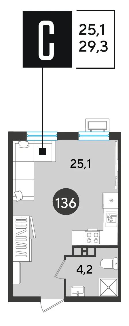 Студия 29.3 м²