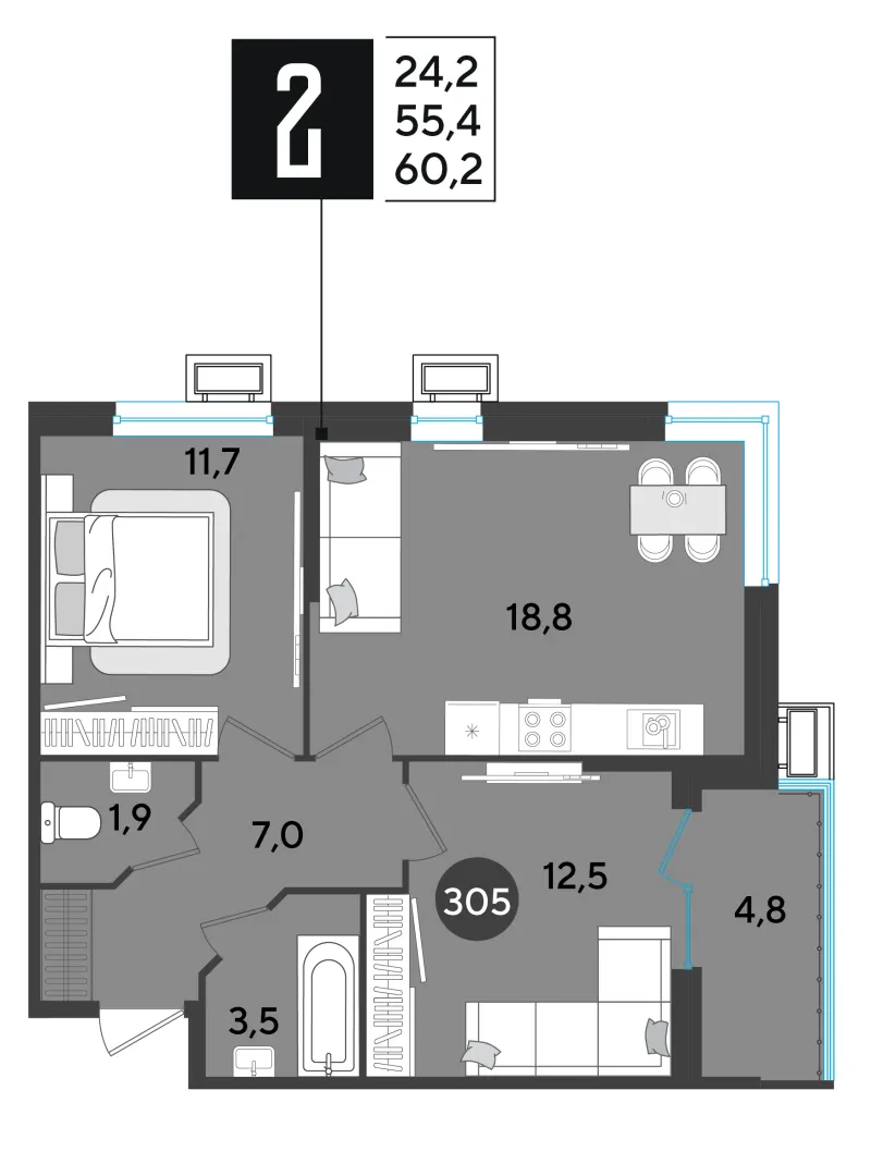 2-комн. 60.6 м²