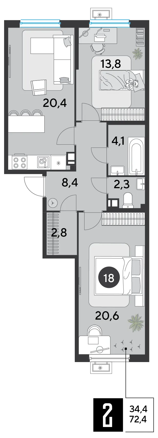 2-комн. 72.4 м²