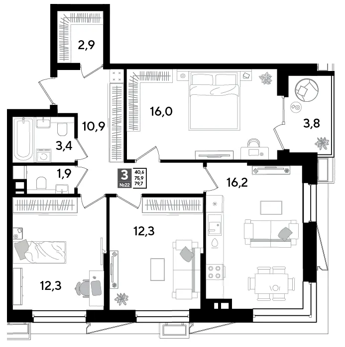 3-комн. 79.7 м²