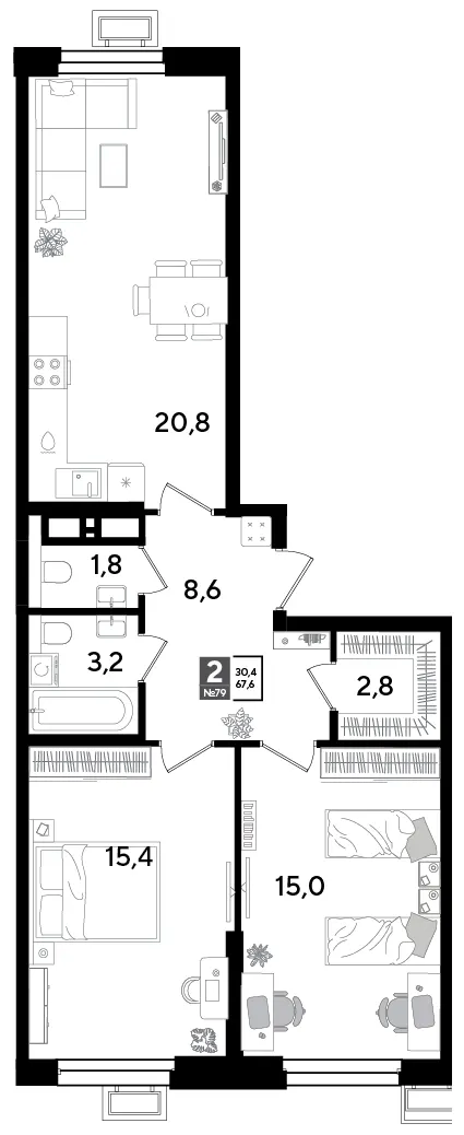 2-комн. 67.6 м²
