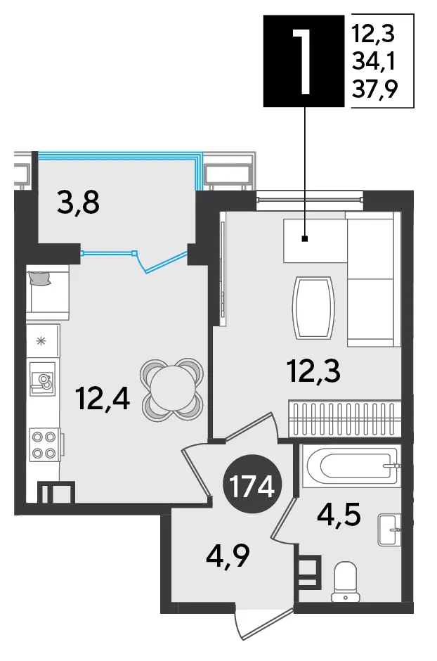 1-комн. 37.9 м²