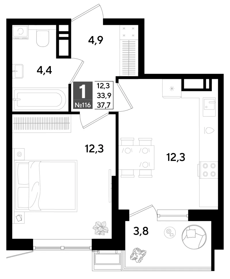 1-комн. 38.1 м²