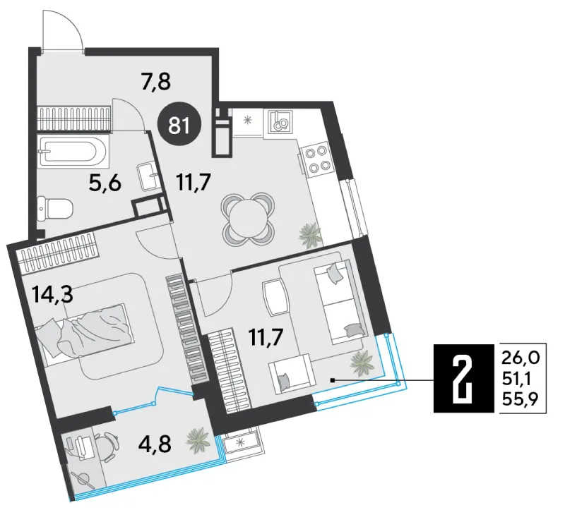 2-комн. 55.9 м²