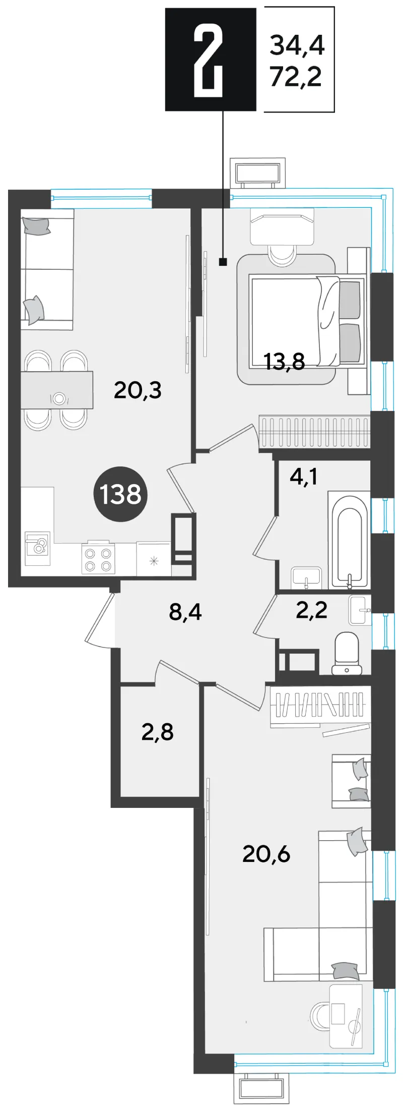 2-комн. 72.7 м²