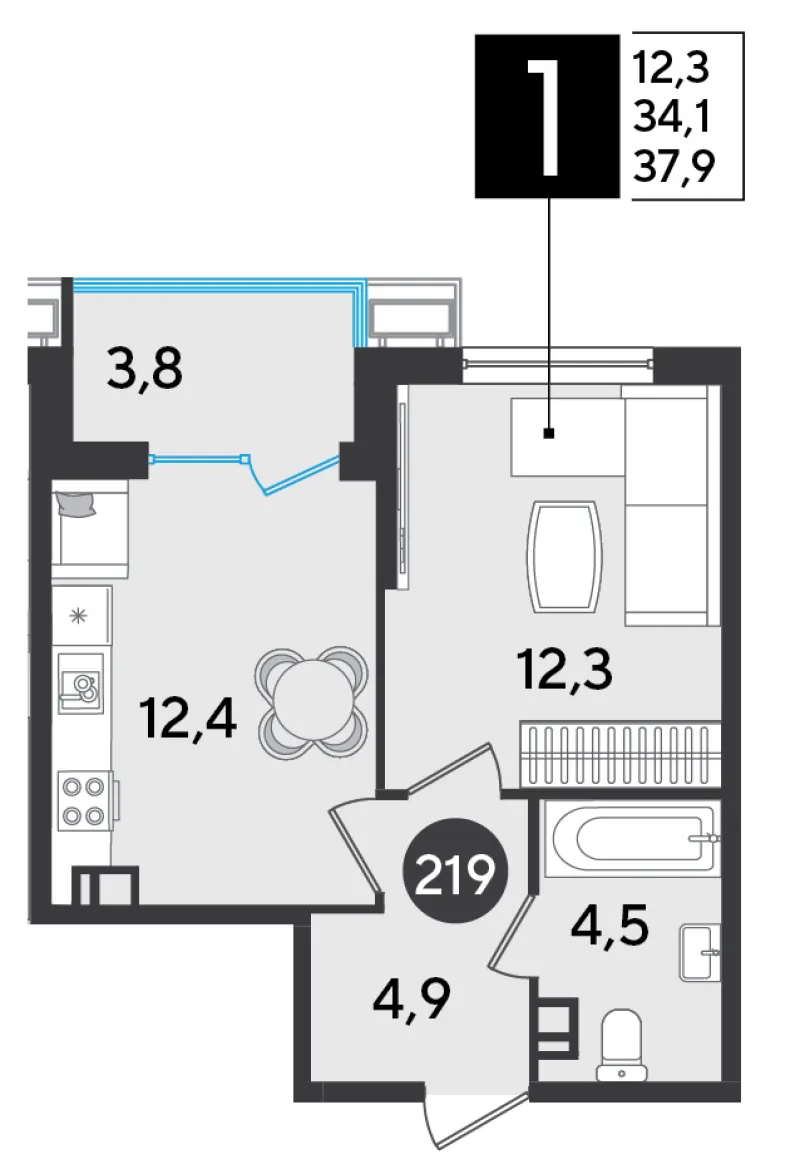 1-комн. 37.9 м²