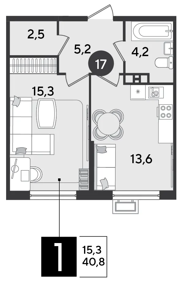1-комн. 40.8 м²