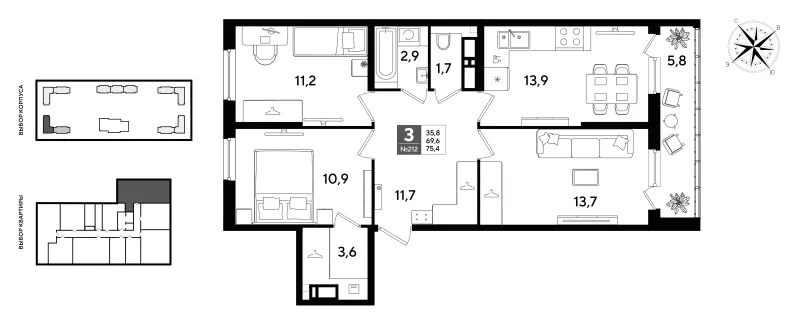 3-комн. 75.4 м²