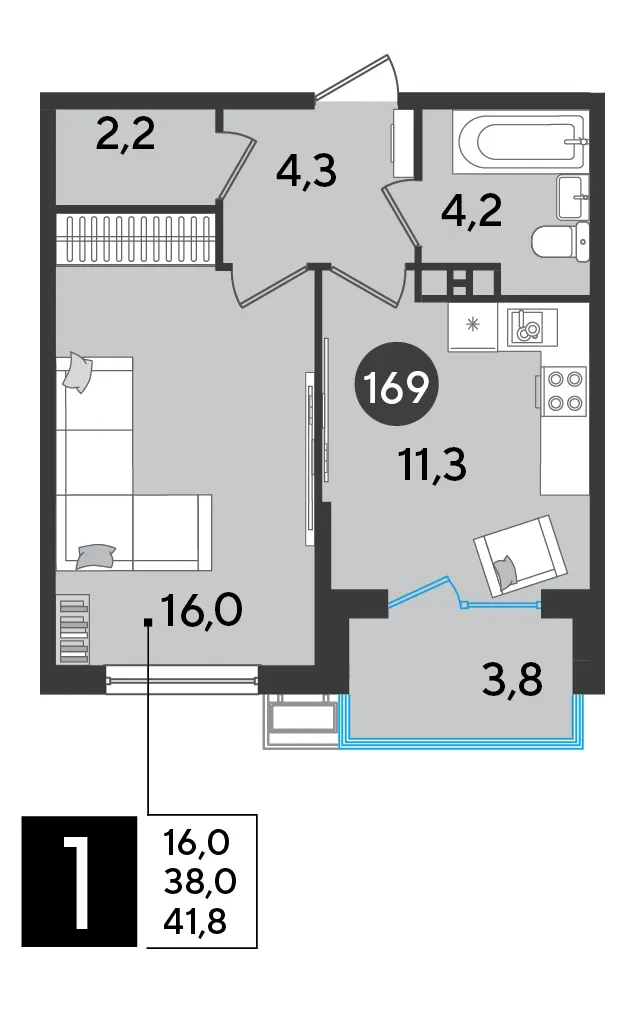 1-комн. 41.8 м²