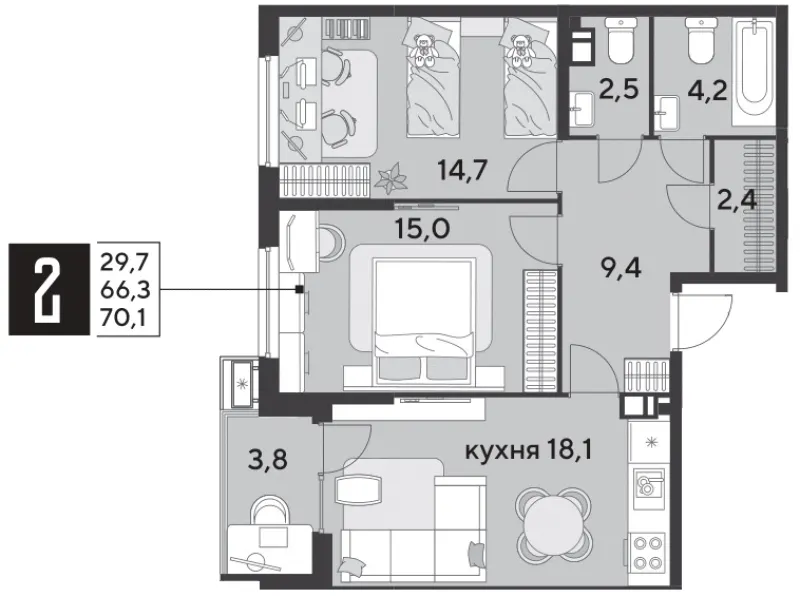2-комн. 70.1 м²