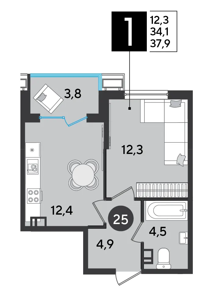 1-комн. 37.9 м²