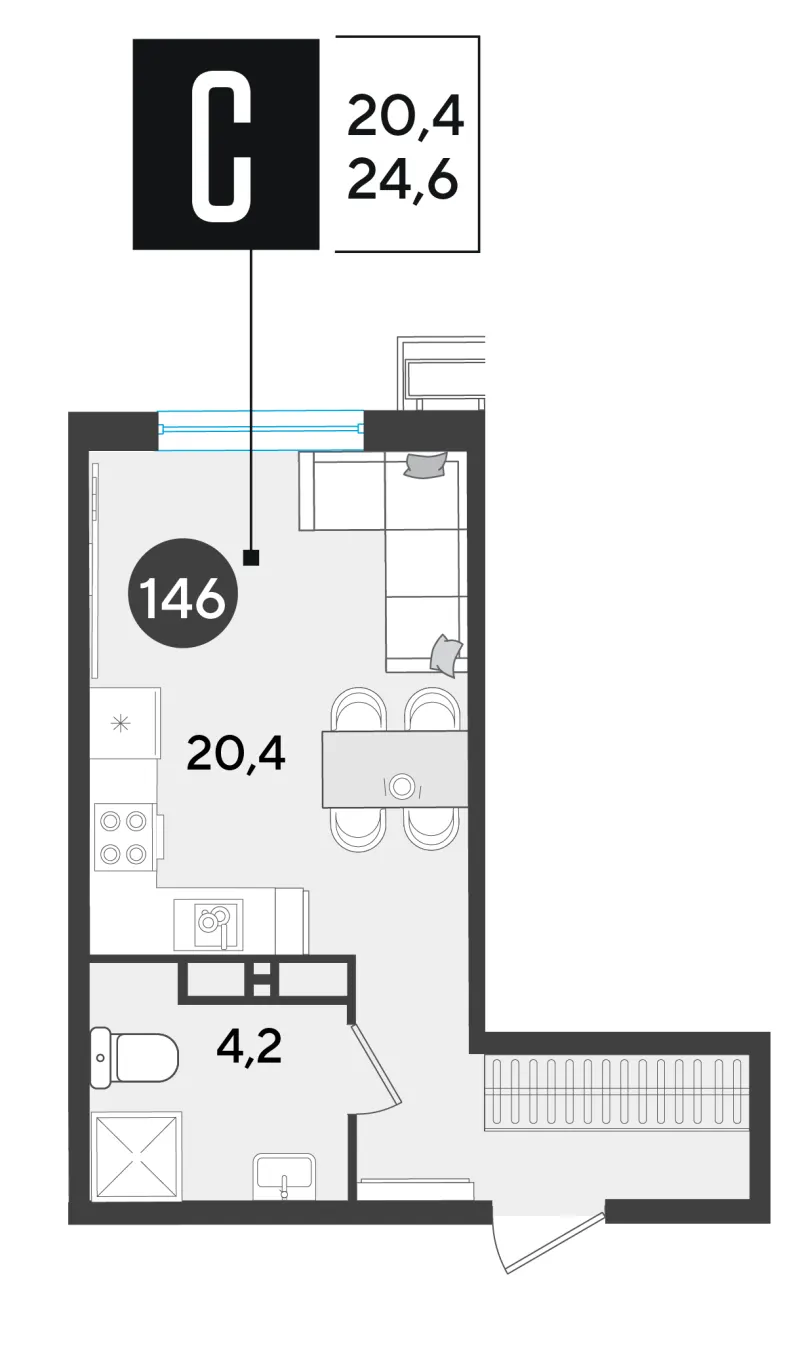 Студия 24.6 м²