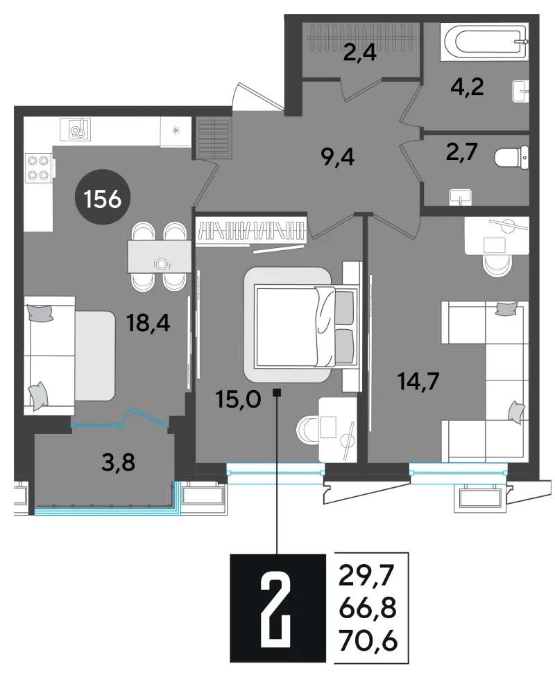 2-комн. 70.8 м²