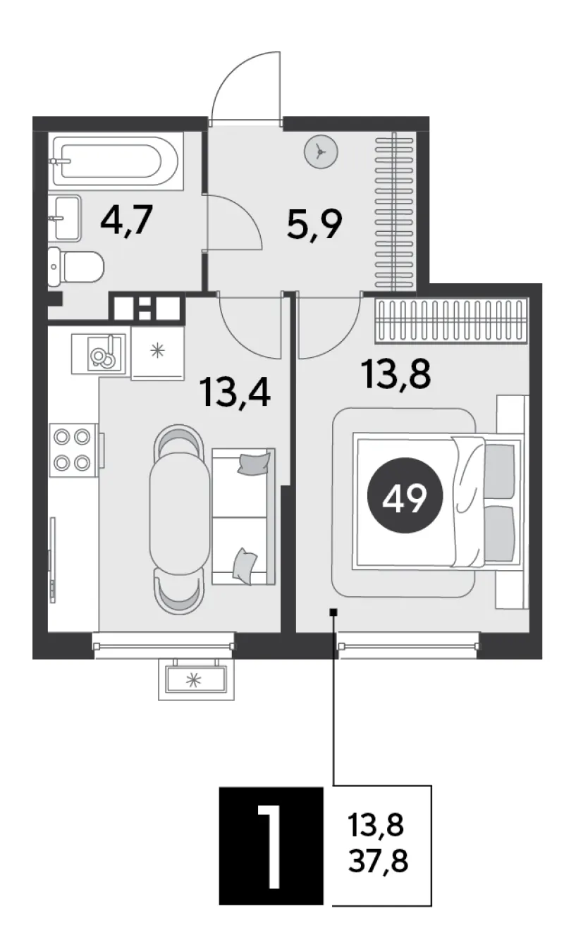 1-комн. 37.8 м²