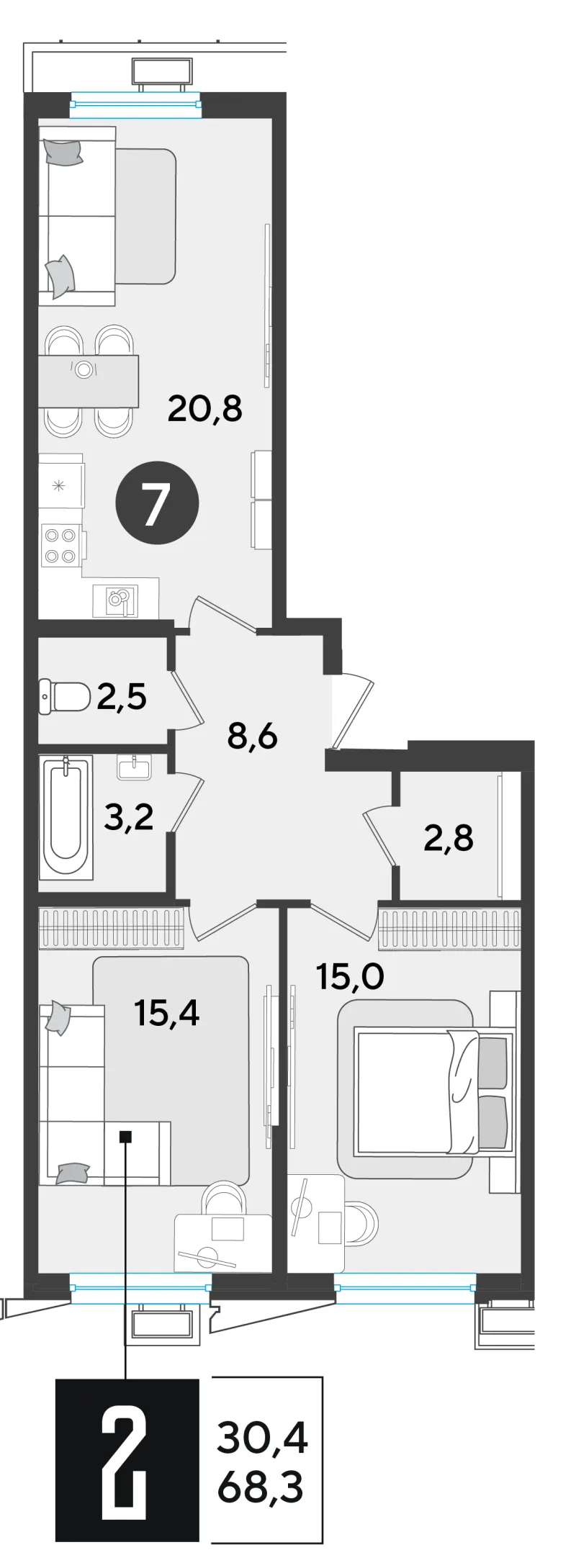2-комн. 68.3 м²