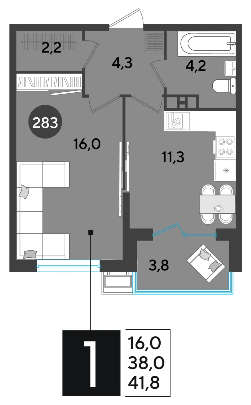 1-комн. 42.1 м²