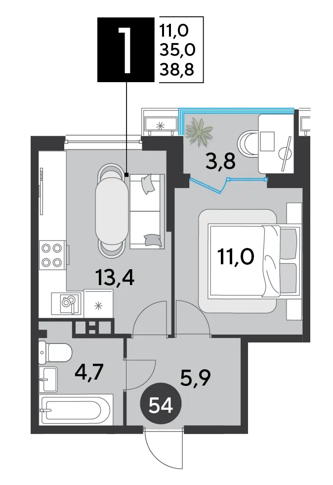 1-комн. 38.8 м²