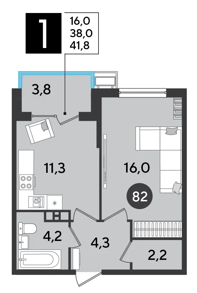 1-комн. 41.8 м²