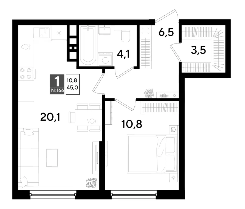 1-комн. 45 м²