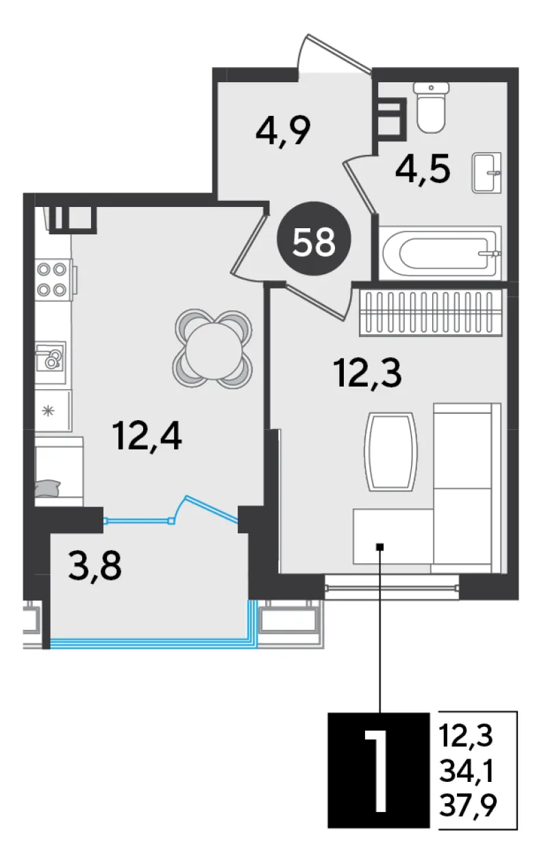 1-комн. 37.9 м²