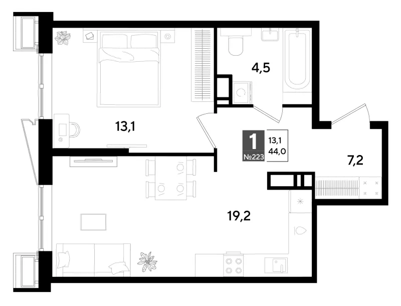 1-комн. 44 м²