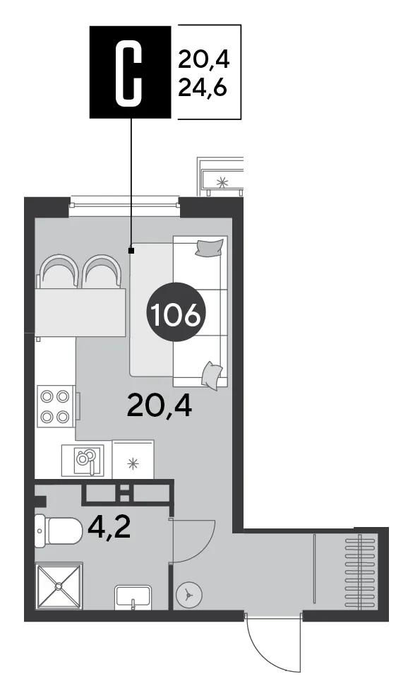 Студия 24.6 м²