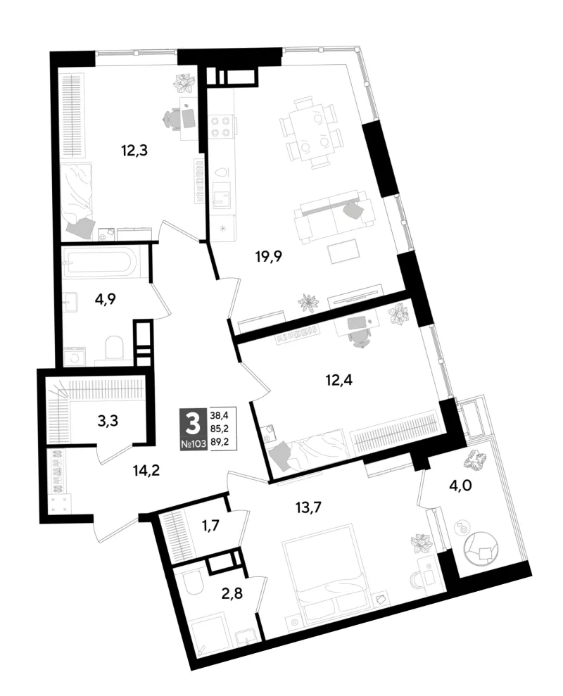 3-комн. 89.2 м²