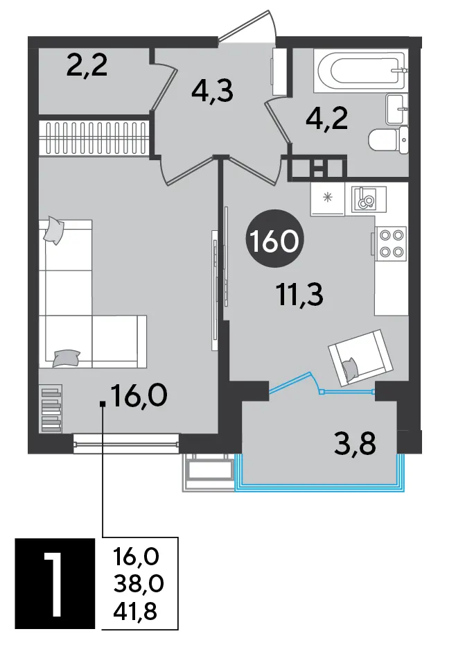1-комн. 41.8 м²