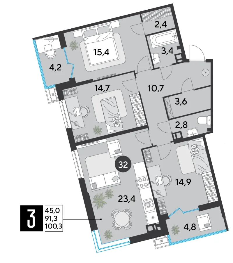 3-комн. 100.3 м²