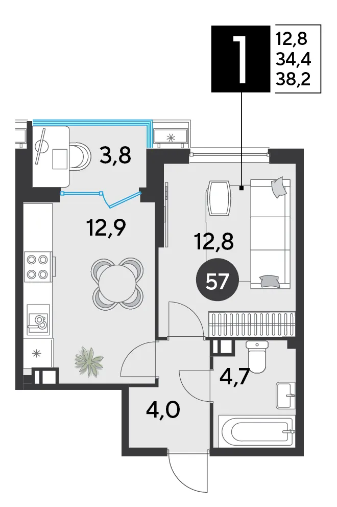 1-комн. 38.2 м²