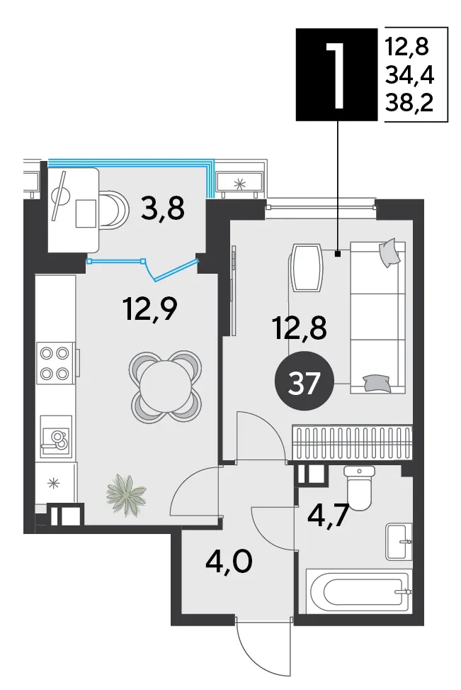 1-комн. 38.2 м²