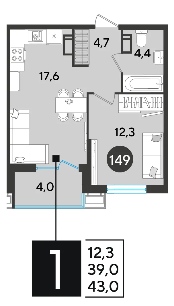 1-комн. 43 м²