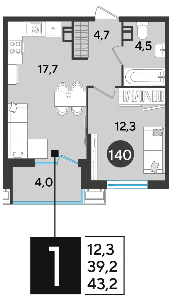 1-комн. 43.2 м²