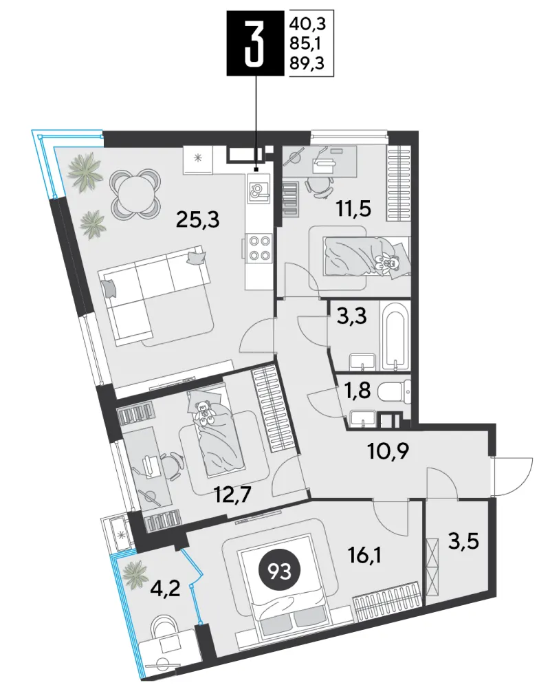 3-комн. 89.3 м²