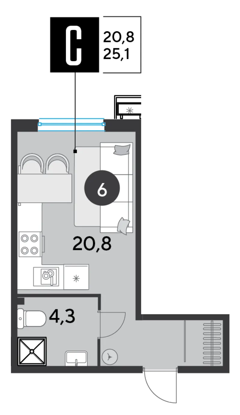 Студия 25.1 м²