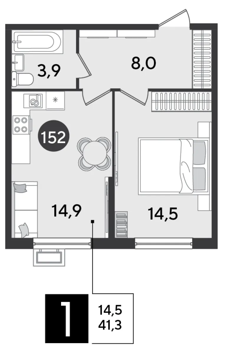1-комн. 41.3 м²