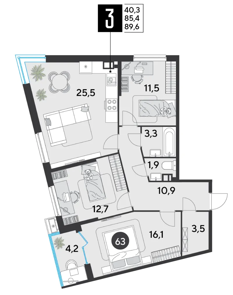 3-комн. 89.6 м²