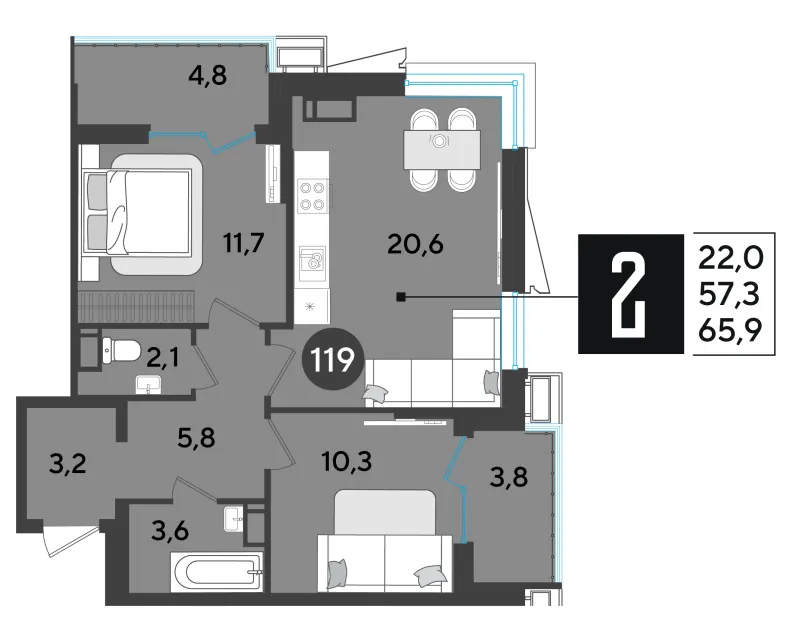2-комн. 66.2 м²