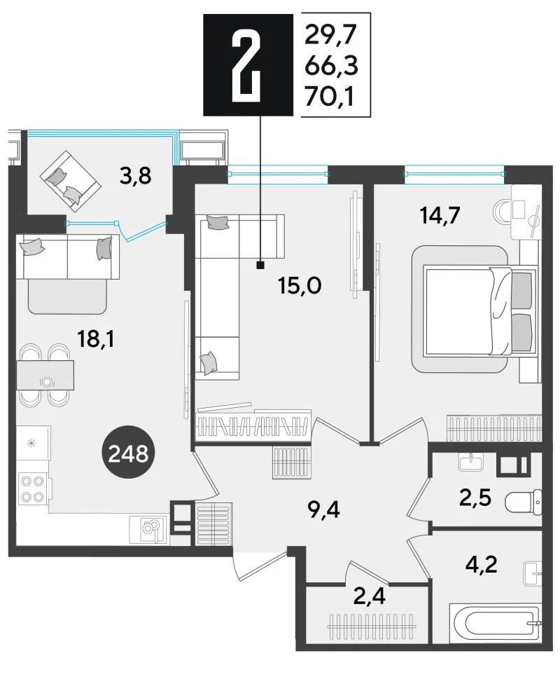 2-комн. 70.7 м²