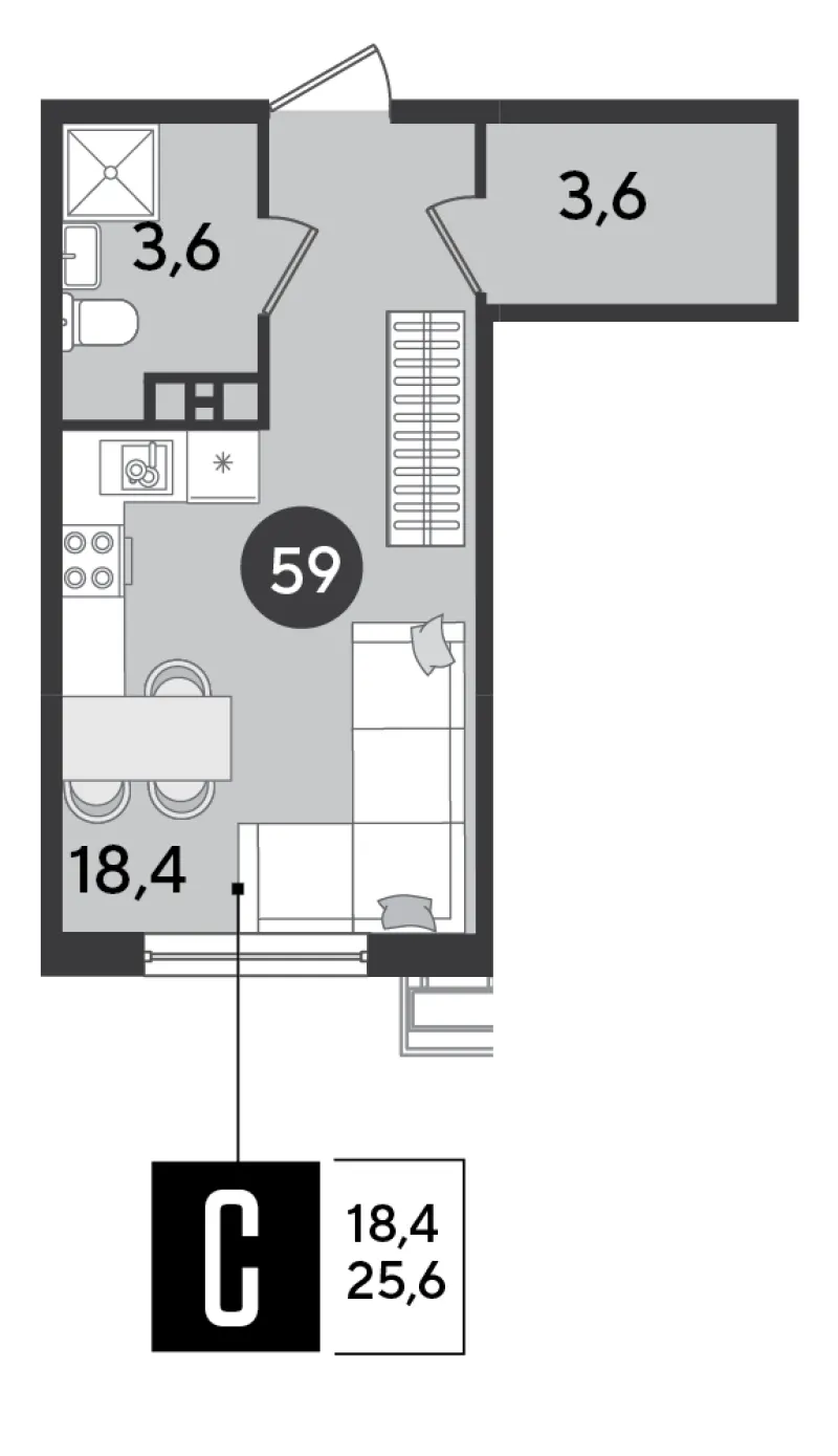 Студия 25.6 м²