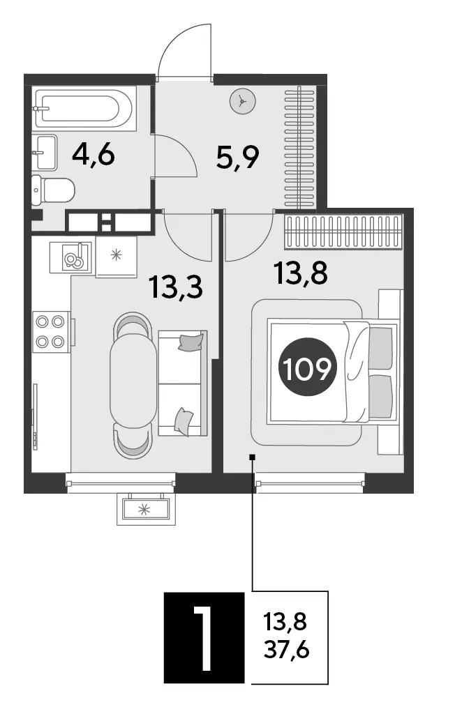 1-комн. 37.6 м²