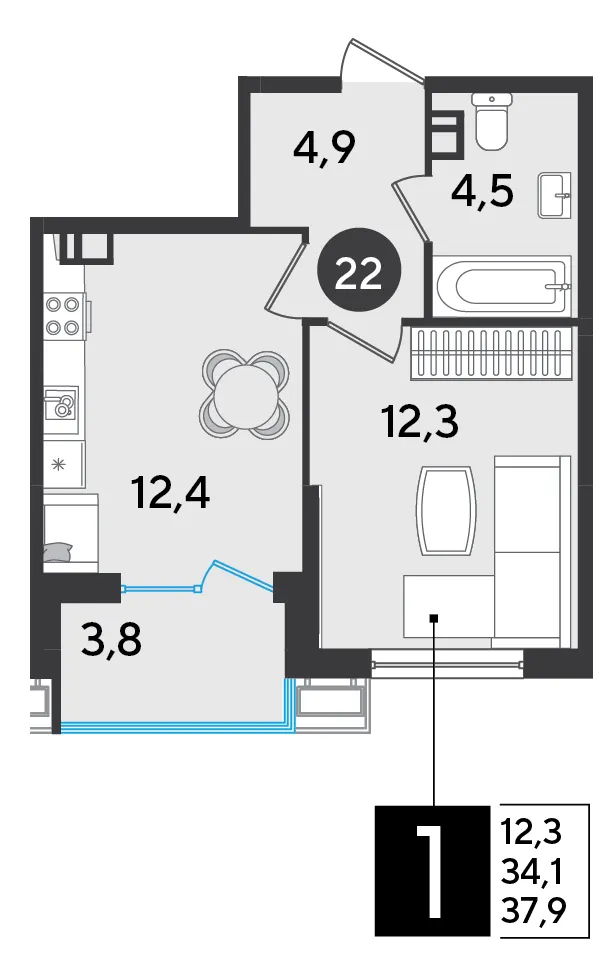 1-комн. 37.9 м²