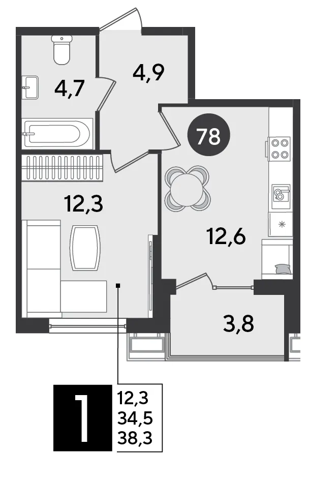 1-комн. 38.3 м²