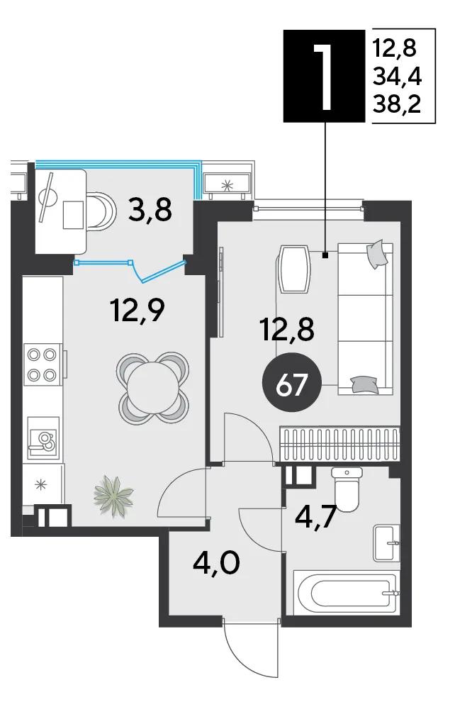 1-комн. 38.2 м²