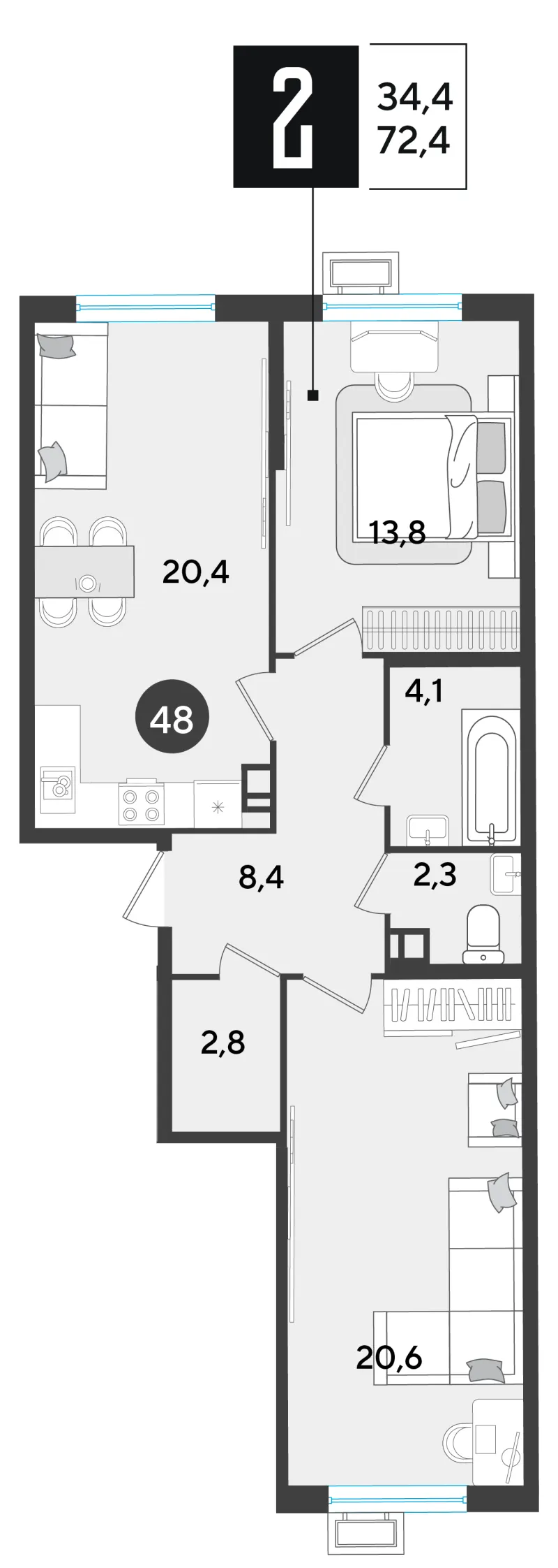2-комн. 72.4 м²
