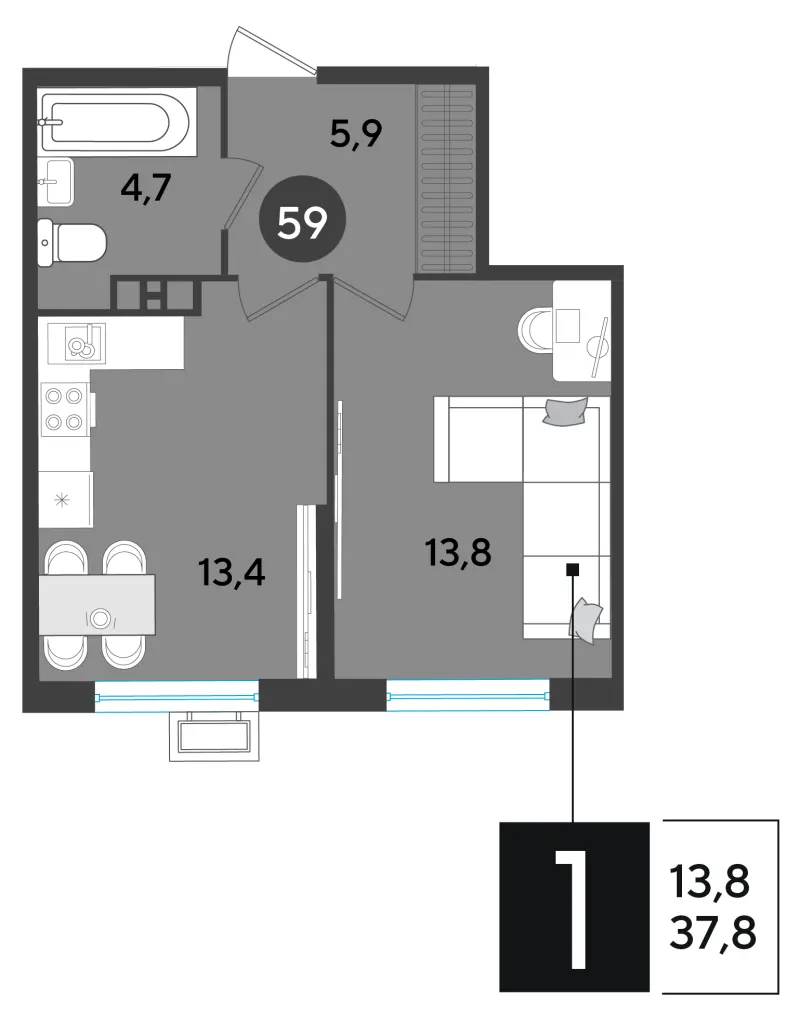 1-комн. 37.8 м²